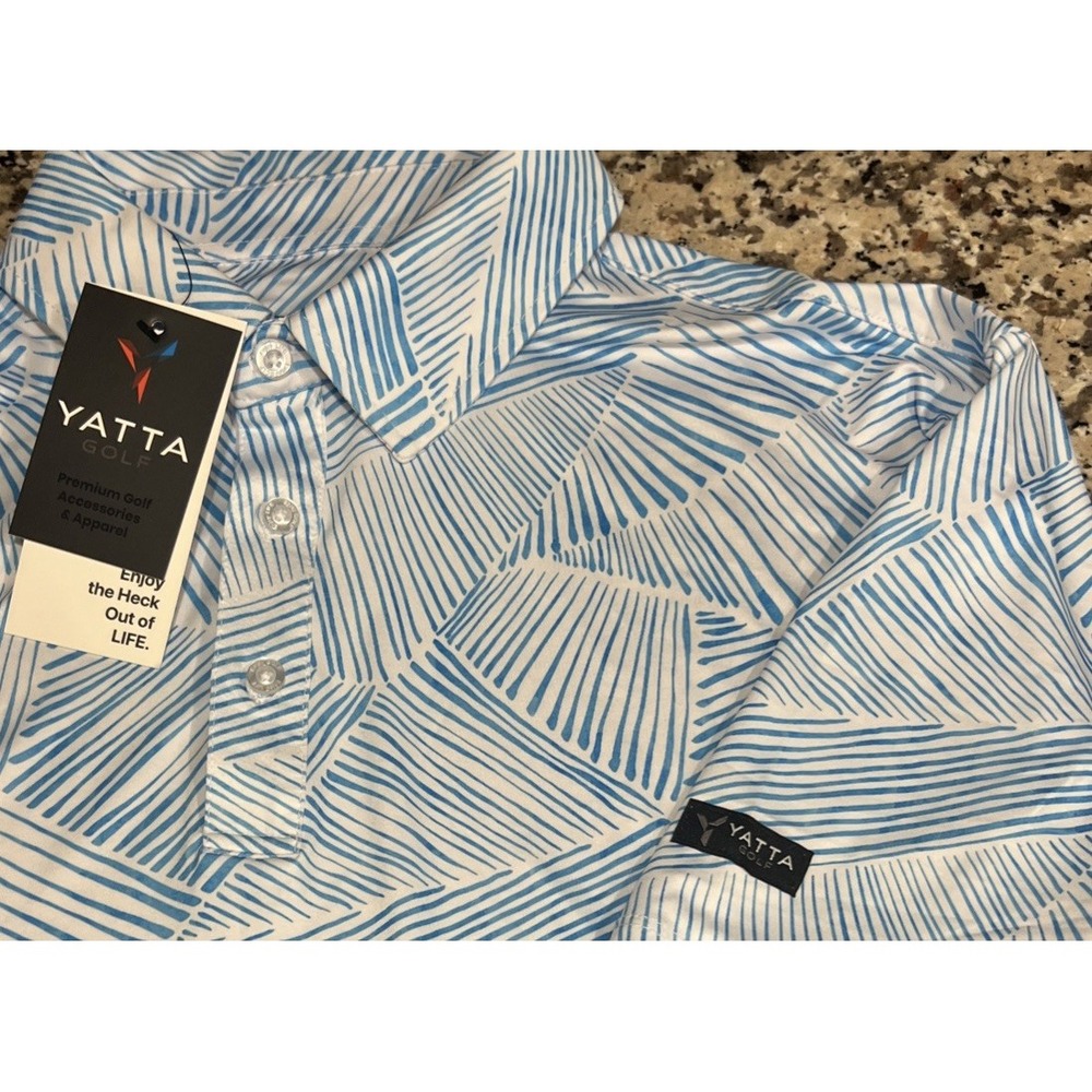 New Yatta Golf Mens Blue White Geometric Performance Polo Shirt Size Medium
